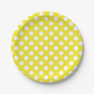 Assiettes En Carton Fête d'anniversaire jaune soleil et pois blancs