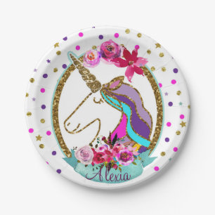 Assiettes En Carton Fête d'anniversaire licorne à pois pailletés or