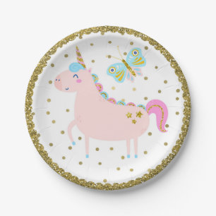 Assiettes En Carton Fête d'anniversaire licorne fille paillettes rose