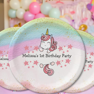 Assiettes En Carton Fête d'anniversaire licorne pastel et arc-en-ciel 