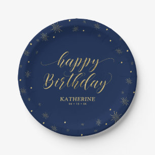 Assiettes En Carton Fête d'anniversaire Moderne Navy et Paillettes Dor
