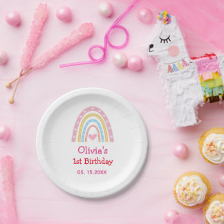Assiettes En Carton Fête d'anniversaire pastel arc-en-ciel avec coeurs