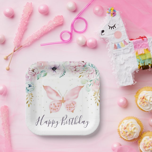 Assiettes En Carton Fête d'anniversaire Pastel aux fleurs et aux papil (Fête)