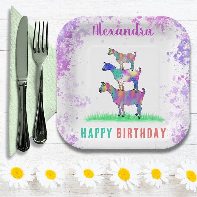 Assiettes En Carton Fête d'anniversaire personnalisée pour chèvres (Cute goats colorful farm animal art happy birthday party custom paper plate)