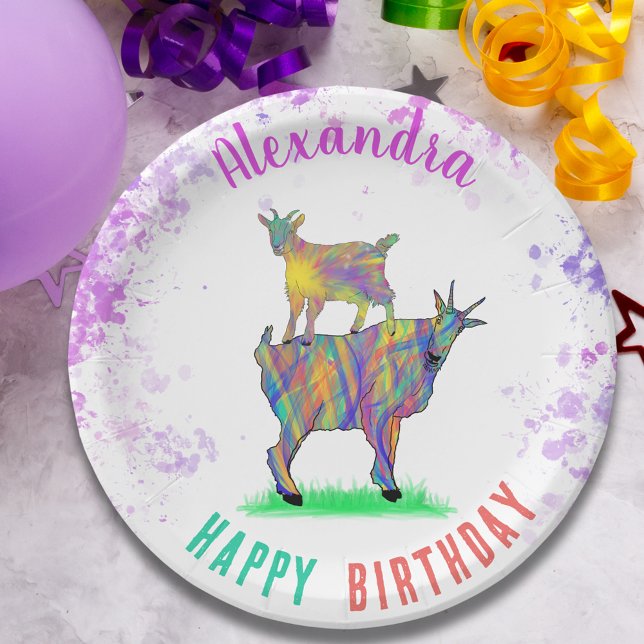 Assiettes En Carton Fête d'anniversaire personnalisée pour chèvres (Cute goats colorful watercolor farm animal art personalized happy birthday party paper plate)