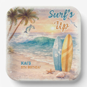 Assiettes En Carton Fête d'anniversaire rétro Surf’s Up sur la plage