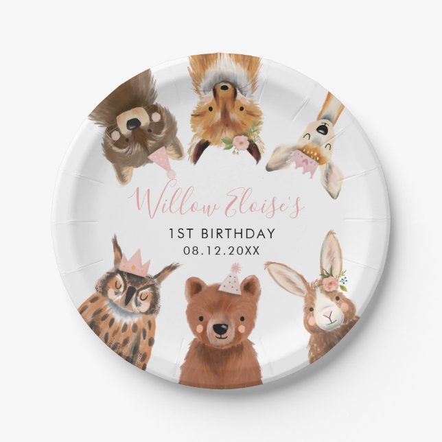 Assiettes En Carton Fête d'anniversaire rose des animaux de bois (Devant)