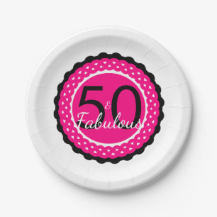 Assiettes En Carton Fête d'anniversaire rose vif et noir 50 ans et fab