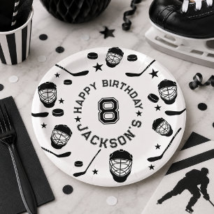 Assiettes En Carton Fête d'anniversaire sur le thème de hockey noir et