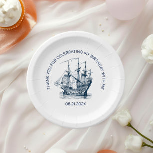 Assiettes En Carton Fête d'anniversaire sur un bateau vintage bleu sur