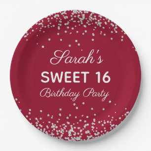 Assiettes En Carton Fête d'anniversaire Sweet 16 pailletée argent roug