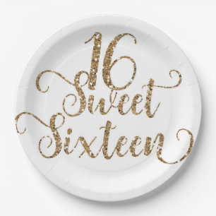 Assiettes En Carton Fête d'anniversaire Sweet 16 pailletée blanc et or