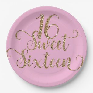 Assiettes En Carton Fête d'anniversaire Sweet 16 pailletée rose et or