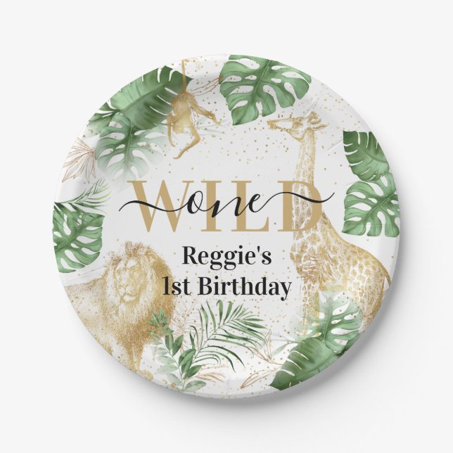 Assiettes En Carton Fête d'anniversaire Wild One Jungle Green & Gold (Devant)