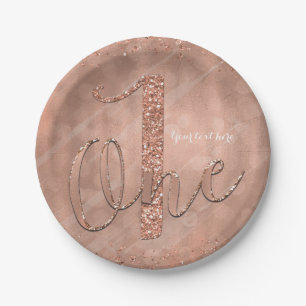 Assiettes En Carton Fête de 1er anniversaire avec faux rose gold paill