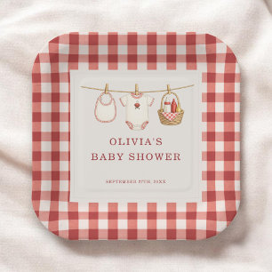 Assiettes En Carton Fête de Baby-Q Gingham Rouge pour la naissance d'u