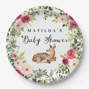 Assiettes En Carton Fête de baby shower de cerfs à fleurs d'aquarelle