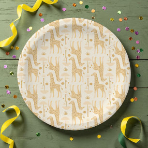 Assiettes En Carton Fête de Baby Shower Safari Girafe Jaune Neutre