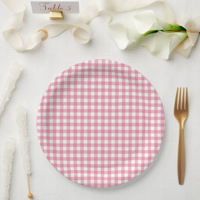 Assiettes En Carton Fête de bébé à carreaux rose (Mariage)