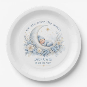 Assiettes En Carton Fête de bébé bleu « Over the Moon » avec nom perso