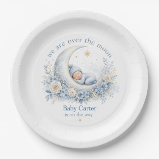 Assiettes En Carton Fête de bébé bleu « Over the Moon » avec nom perso