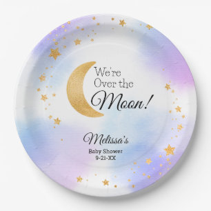 Assiettes En Carton Fête de Bébé Neutre Rêveuse au-Dessus de la Lune
