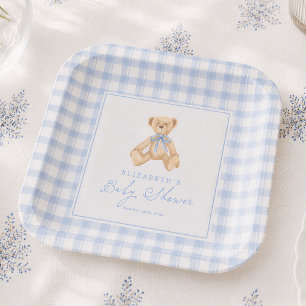Assiettes En Carton Fête de bébé Ourson en Vichy Bleu Vintage