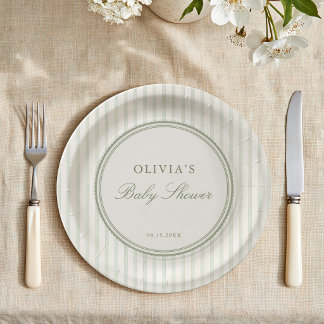 Assiettes En Carton Fête de bébé prépa rayée vert sauge
