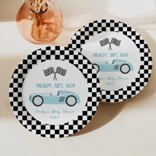 Assiettes En Carton Fête de Bébé Prêt Partez Voiture de Course Bleue