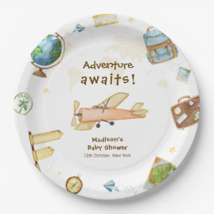 Assiettes En Carton Fête de Bébé Voyage en Avion Autour du Monde 