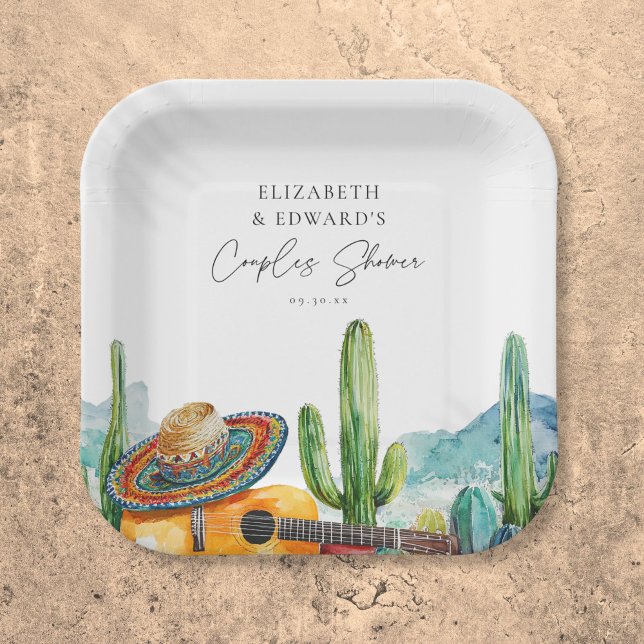 Assiettes En Carton Fête de couples Fiesta mexicaine au cactus aquarel (Watercolor Mexican Cactus Fiesta Couples Shower Paper Plates)