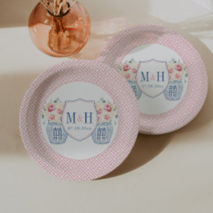 Assiettes En Carton Fête de douche de mariée à monogramme de roses ros