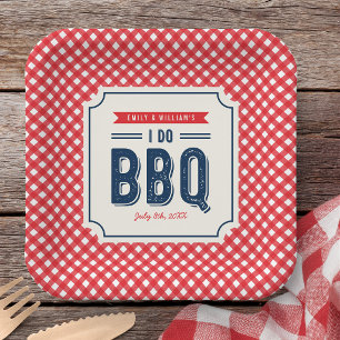 Assiettes En Carton Fête de fiançailles Red Gingham et Blue I Do BBQ
