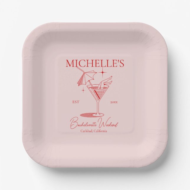 Assiettes En Carton Fête de Filles de Bachelorette de Cocktail Rétro (Recto)