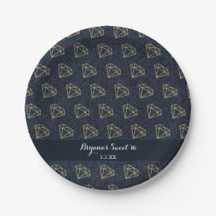 Assiettes En Carton Fête de Glam Bling Or et Bleu Denim & Diamonds
