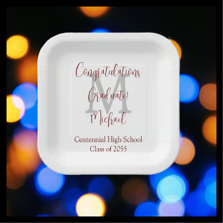 Assiettes En Carton Fête de graduation Blanc Grey Bourgogne Nom Monogr