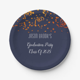 Assiettes En Carton Fête de Graduation Orange Gold Confetti sur Black 