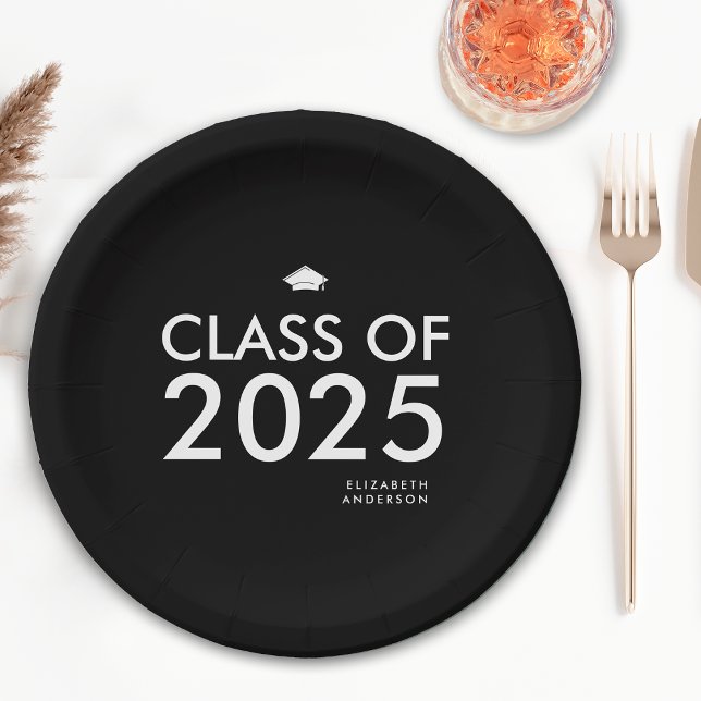 Assiettes En Carton Fête de graduation personnalisée en noir blanc mod (Créateur téléchargé)