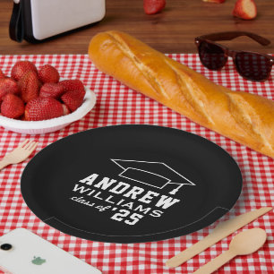 Assiettes En Carton Fête de graduation personnalisée noire moderne