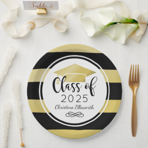 Assiettes En Carton Fête de graduation sur mesure Gold Black Stripes