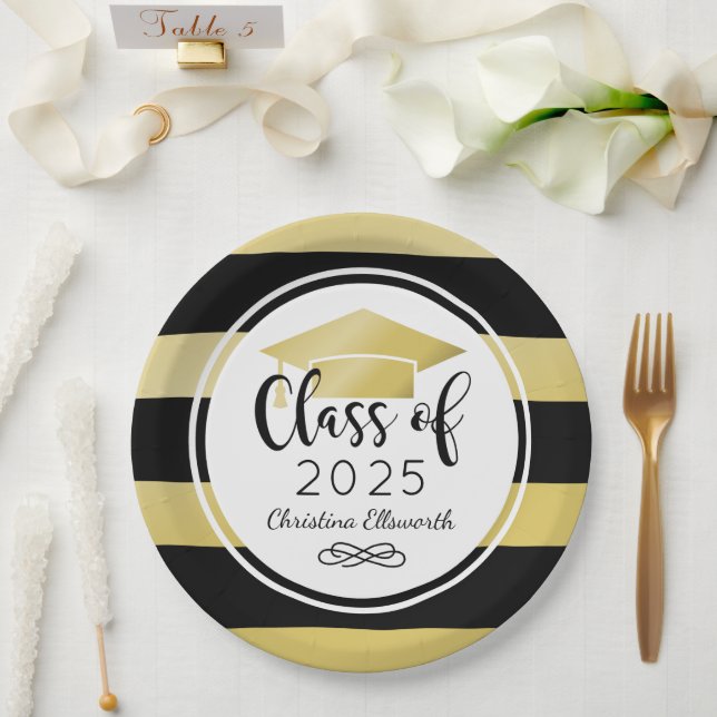 Assiettes En Carton Fête de graduation sur mesure Gold Black Stripes (Mariage)