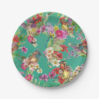 Assiettes En Carton Fête de la Floraison Tropicale Colibris Aquarelle 