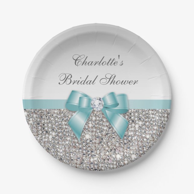 Assiettes En Carton Fête de la mariée turquoise de paillettes d'argent (Devant)