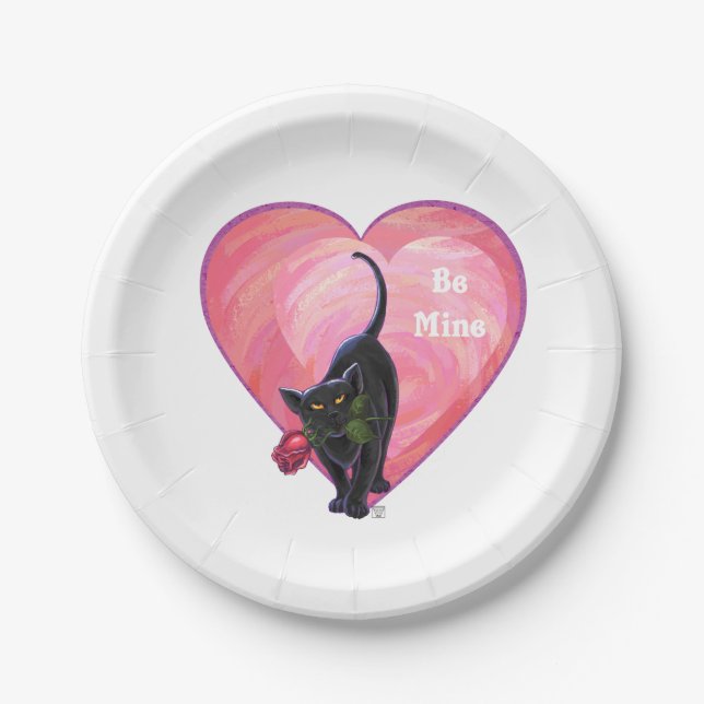 Assiettes En Carton Fête de la Saint-Valentin au chat noir (Devant)