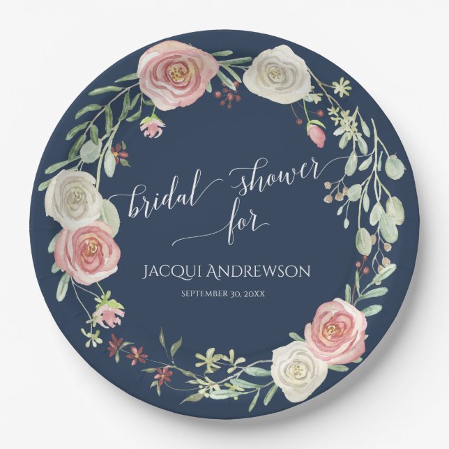 Assiettes En Carton Fête de l'mariée Navy Blush Ivory Roses Wreath (Devant)