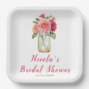 Assiettes En Carton Fête de mariage avec bocal Mason aux dahlias roses