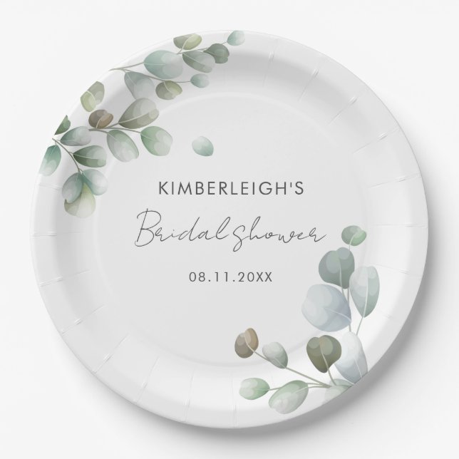 Assiettes En Carton Fête de Mariage avec Feuillage d'Eucalyptus (Devant)