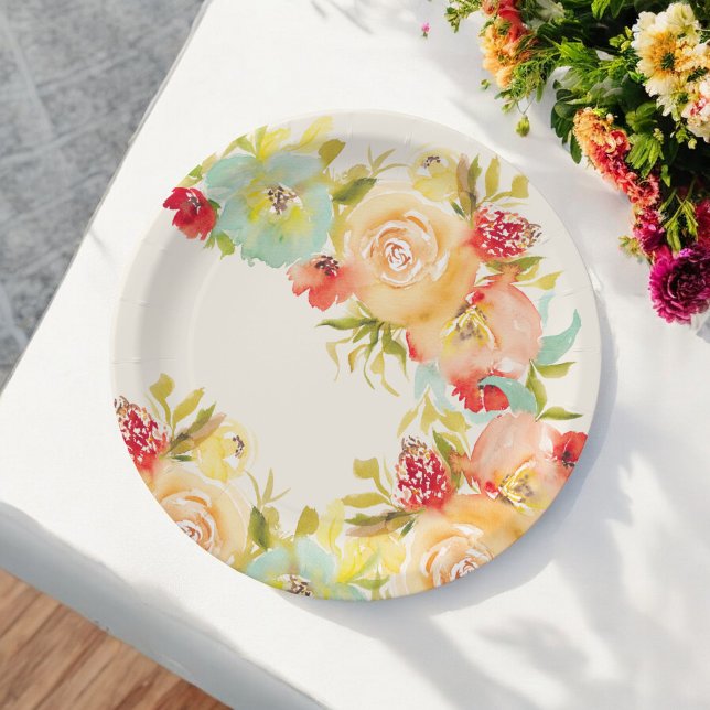 Assiettes En Carton Fête de mariage champêtre bohème avec aquarelle fl (Boho rustic pretty floral watercolor bridal shower paper plates)