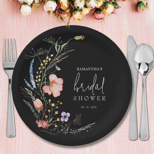 Assiettes En Carton Fête de mariage champêtre noir (Wildflowers on black bridal shower paper plates)