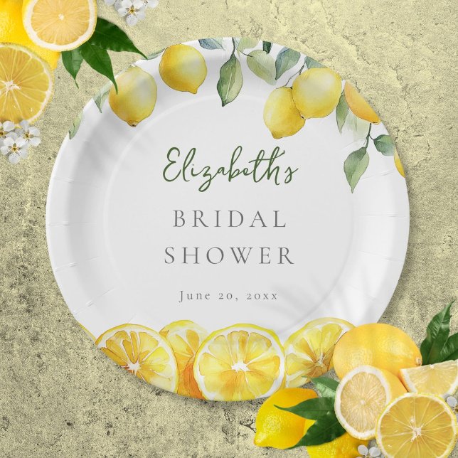 Assiettes En Carton Fête de mariage Citron Jaune Aquarelle (Watercolor Yellow Lemon Citrus Bridal Shower Paper Plates)